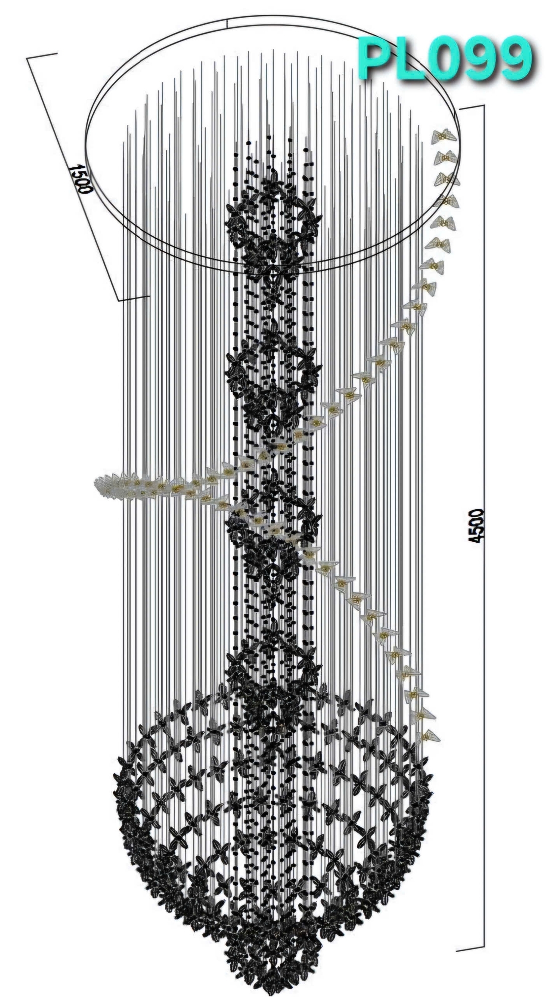 Đèn thông tâng nghệ thuật hoa và bướm pha lê PL099 gồm mâm tròn inox gương vàng, 480 hoa, 60 bướm, 40 đèn dimmer D40,  KT(mm): D1800 x H4500